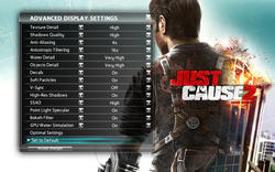 Just Cause 2: Das Grafikmenü auf einer Geforce GTX 200; die unteren beiden Optionen sind Nvidia-exklusiv