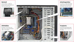 Alle Komponenten im Überblick. Den Prozessor haben wir nun durch den besseren Athlon II X3 440 ersetzt und als Netzteil kommt das Enermax EES350AWT zum Einsatz! (Abbildung kann vom Original abweichen)