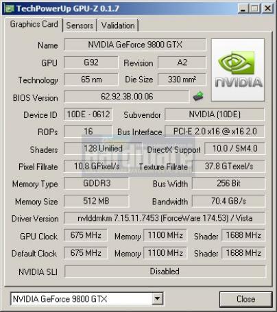 Point of View Geforce 9800 GTX: GPU-z (Bild: PCGH)