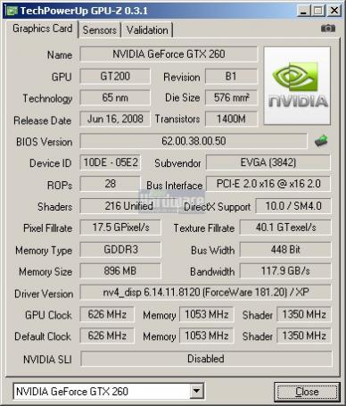 Nvidia Geforce GTX 260-216 (55nm): GPU-Z-Shot