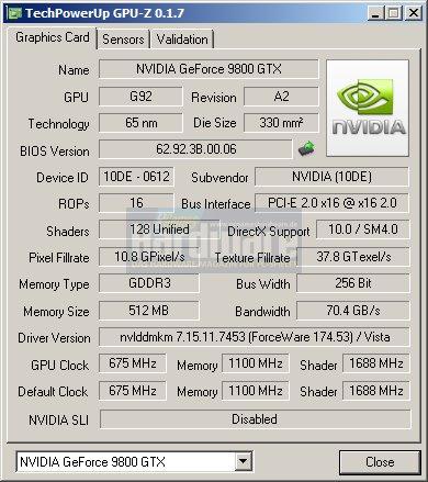Point of View Geforce 9800 GTX: GPU-z (Bild: PCGH)