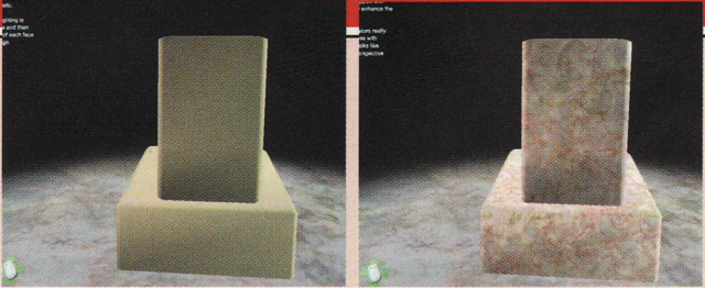 Links: Hier sehen Sie ein Podest ohne Textur. Es wirkt sehr künstlich. Rechts: Mit  einer Marmor-Textur nimmt das Podest ein realistisches Aussehen an.