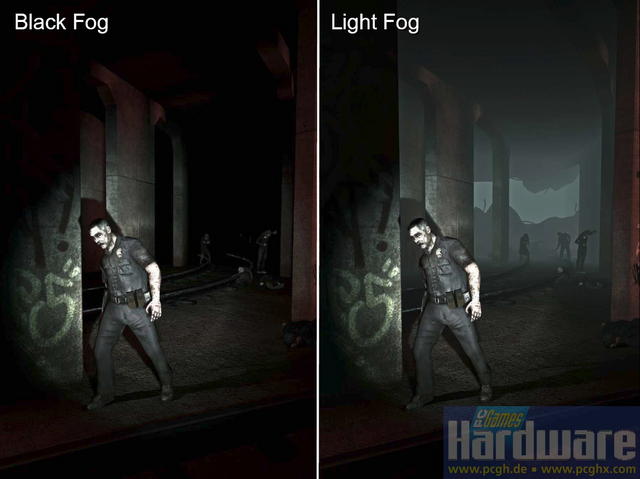 Source-Engine in Left 4 Dead: die vereinfachte Beleuchtung beim Nebel erlaubt eine bessere Sichtbarkeit der Gegner