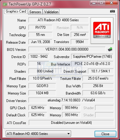 Sapphire HD 4850 1024 MiByte: GPU-Z-Shot