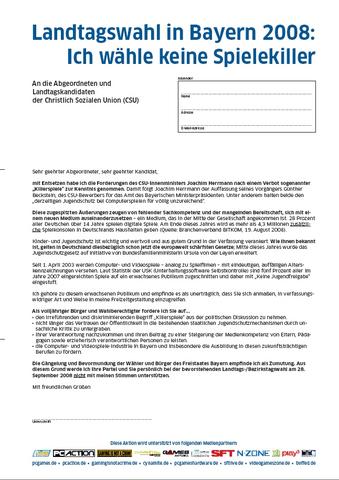 Mit diesem Schreiben können sich bayerische Spielefans direkt an ihren Abgeordneten oder Kandidaten wenden.