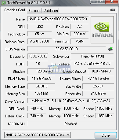 Gigabyte Geforce 9800 GTX+ 1 GB: GPU-Z-Shot