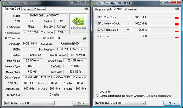 Sparkle Geforce 9800GT Coolpipe (8): GPU-z enthüllt den 2D-Modus.