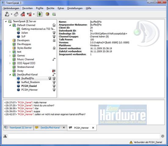 Die neue Benutzeroberfläche ist deutlich übersichtlicher und praktischer als die von Teamspeak 2 – links: Server und Kanäle; rechts: zugehörige Infos; unten: Chat-Tabs. 