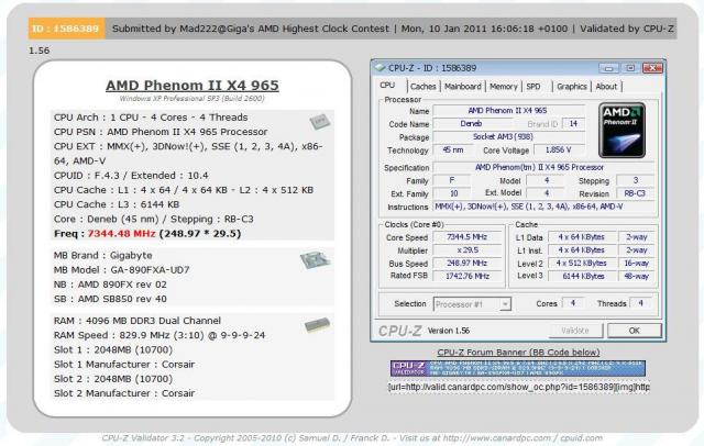 CPU-Z-Validierung bei 7.344 MHz