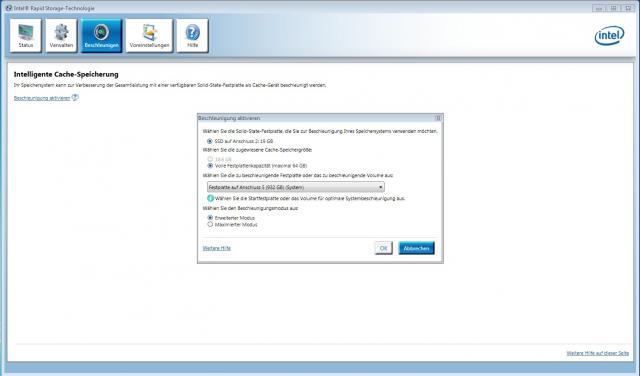 Um SSD Caching zu aktivieren, brauchen Sie das Intel-Rapid-Storage-Tool.