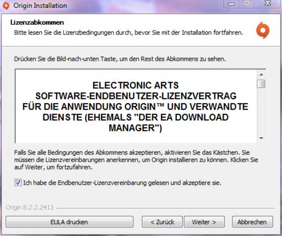 Das erste und letzte Mal, dass der Nutzer von den AGB von EA erfährt. Der Hinweis im Rahmen der Installation von EA-Origin. Allerdings von den anderen Bestimmungen, keine Spur.