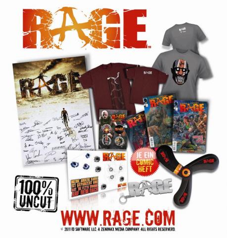 5x das Rage-Gewinnspiel-Bundle: handsigniertes RAGE-Poster (inklusive Carmack und Willits!), Wingstick, Shirt (rot), Shirt (grau), exklusive Buttons, Schlüsselanhänger, Fensterfolie und einen RAGE-Comic.