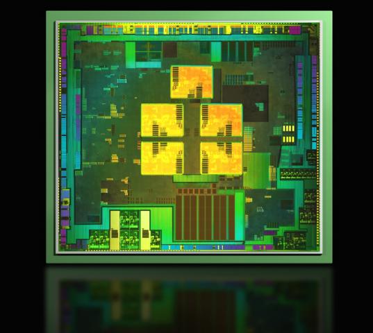 Das DIE des Tegra 3: Man erkennt deutlich die vier gelb markierten CPU-Kerne, sowie den kleineren Companion Core