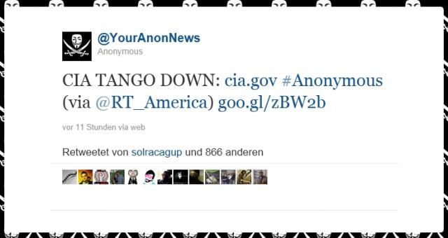 Mit dieser Twitter-Mitteilung übernimmt Anonymous die Verantwortung für den Angriff auf die CIA-Webseite.