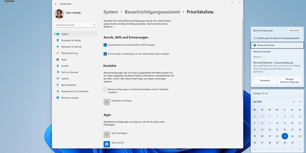 Windows 11 Benachrichtigungsasstent Insider Preview 22000.100