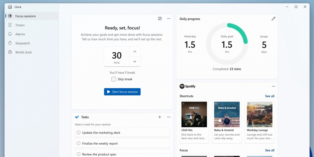 Windows 11 Insider Preview 22000.160 MS Alarm Uhr App mit Fokus Sessions