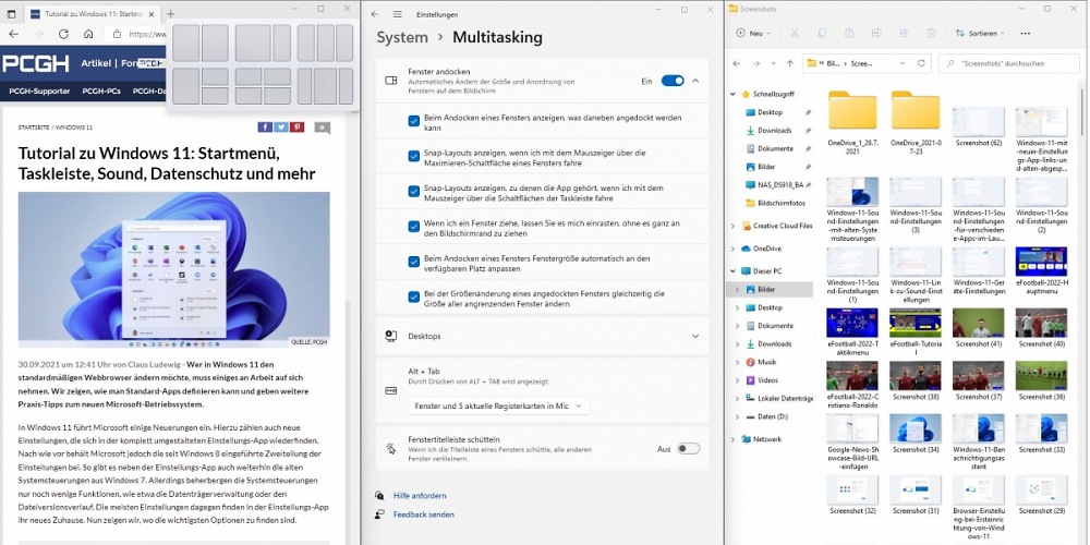 Bisheriger Snap Assist in Windows 11 lässt sich u.a. durch die Tastenkombination Windows+Z aufrufen.
