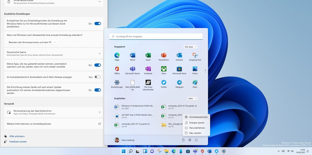 Windows 11 Insider Preview 22454 Anmeldeoptionen im Startmenu