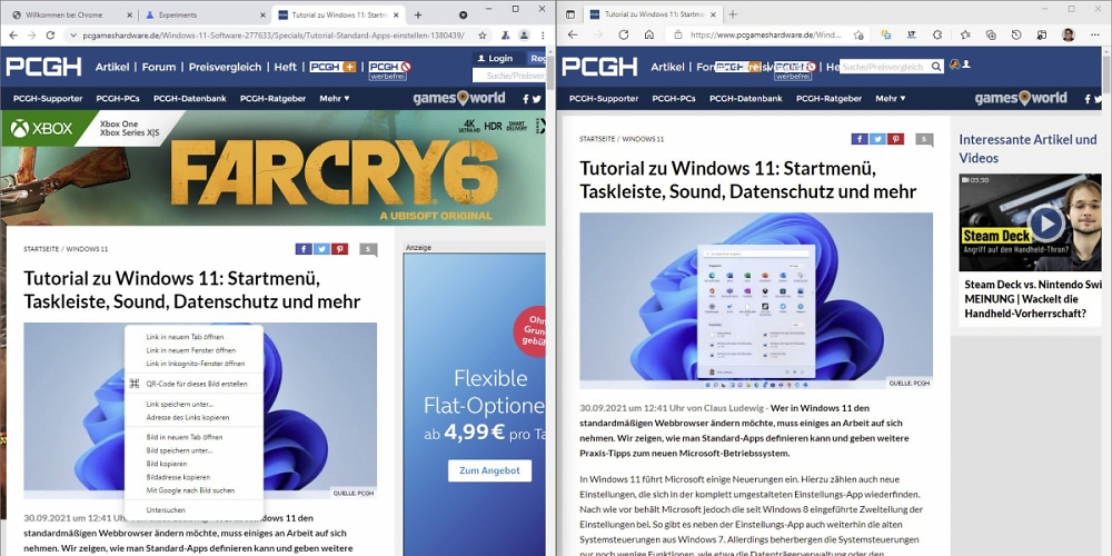 Google Chrome mit dem Windows 11 Style Menu.