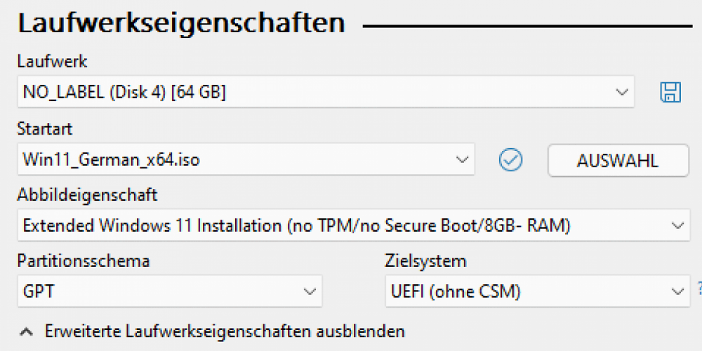Bootstick ohne Systemanforderungen für Windows 11
