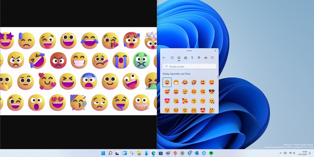 Links die 3D Emojis als Designkonzept rechts die in Windows 11 enthaltenen Emoticons