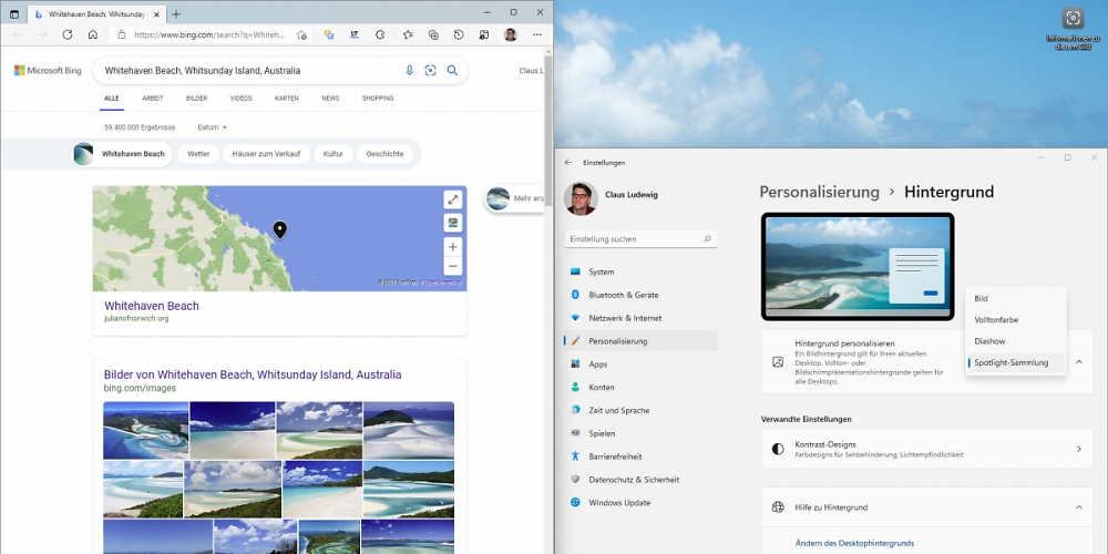 Windows Spotlight wechselndes Bing Hintergrundbild in Windows 11 Insider Preview 22518