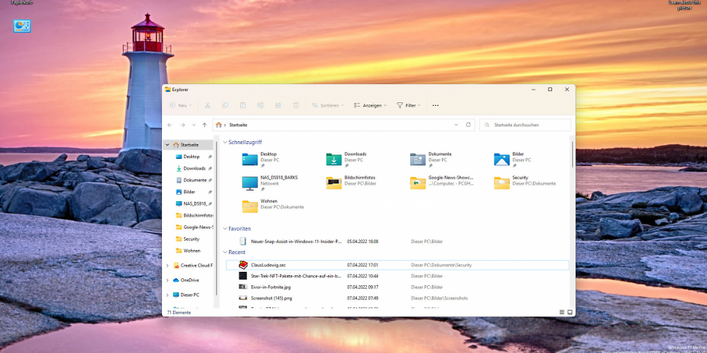Datei Explorer mit Startseite in Windows 11 Insider Preview 22593