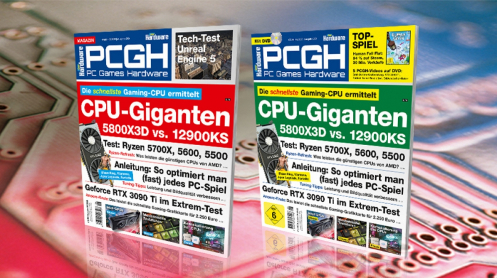 PCGH 06/2022 (#260): CPU-Giganten 5800X3D vs. 12900KS, RTX 3090 Ti im Test, Unreal Engine 5 in der Praxis, aktuelle Spiele optimieren, der neue 16-Pol-Stecker/ATX 3.0, Ryzen 5700X, 5600, Mittelklasse-PC u. v. m. - auf DVD "Human: Fall Flat"