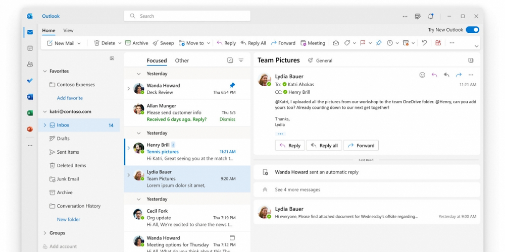 Neue Outlook App Postfach Ansicht mit der Option, Nachrichten oben anzupinnen