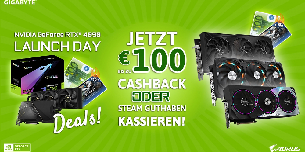 Nvidias Boardpartner Gigabyte veranstaltet zum Launch der Geforce RTX 4090 eine Cashback-Aktion, bei der Kunden 100 Euro abkassieren können.