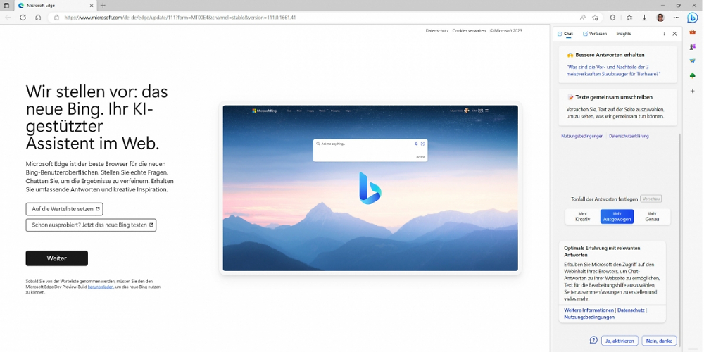 Microsoft Bing mit ChatGPT 4 im Webbrowser Microsoft Edge Version 111