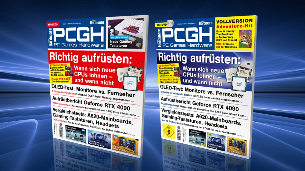 PCGH 08/2023: Hardware richtig aufrüsten, Spiele-Hits 2023/2024, A620-Mainboards, OLED-Monitore, Headsets, Durchflussmesser, Tastaturen, Open Benchtables u. v. m. - auf DVD: "Edna bricht aus" in schön, DRM-frei