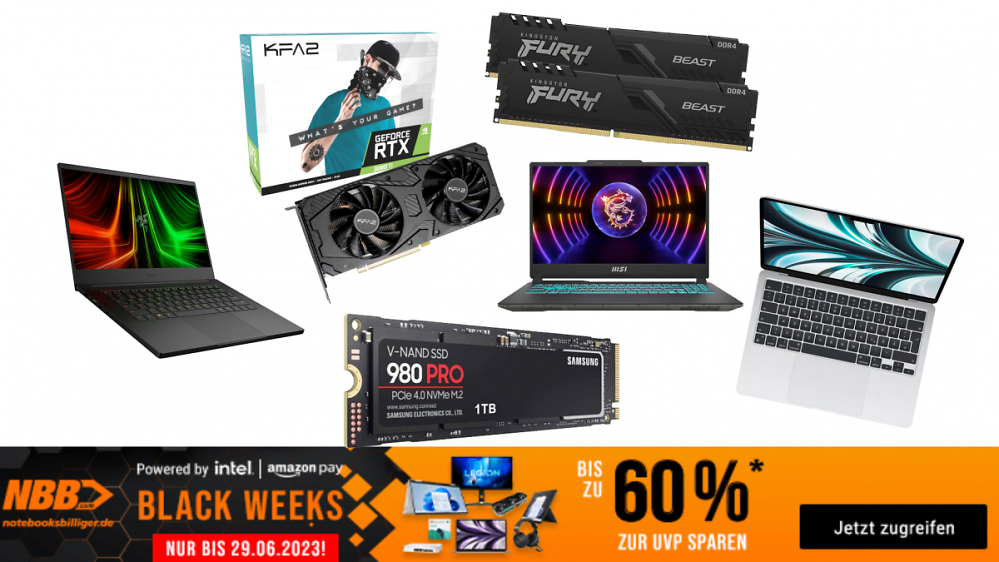 Nie günstiger: SSD Samsung 980 Pro, RTX 3060 Ti, RAM, Gaming-Laptop mit RTX 4060 - Black Weeks bei NBB