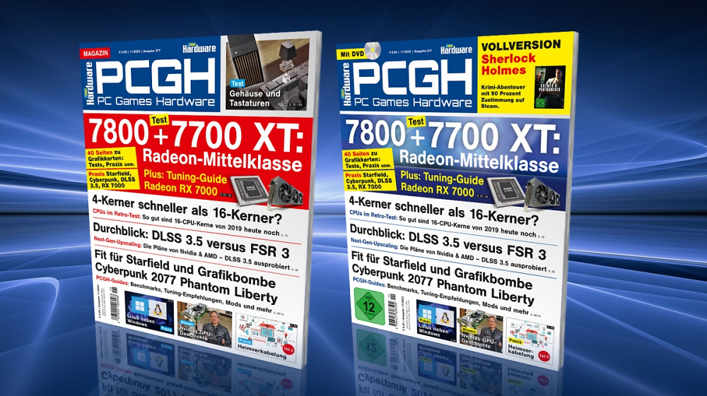 PCGH 11/2023 im Handel: Tuning-Guide RX 7000, AMDs Mittelklasse-Grafikkarten im Test, DLSS 3.5 versus FSR 3, 4-Kerner schneller als 16-Kerner? Linux parallel zu Windows u. v. m. - Steam-Vollversion: Sherlock Holmes