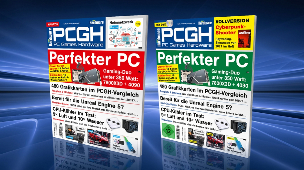 PCGH 01/2024 im Handel: RTX 4090 + 7800X3D unter 350 Watt in Spielen, Next-Gen-Spiele für die Mittelklasse optimiert, Stromverbrauch von 480 Grafikkarten, CPU-Kühlung & Netzteile im Test - als Vollversion: Raytracing-Hit The Ascent