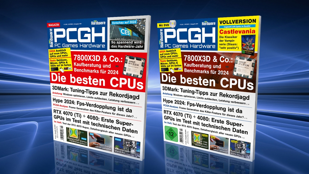 PCGH 03/2024 mit CPU-Kauftipps 2024, RTX 4070 Super, Tuning-Guide zur Rekordjagd, doppelte Fps, 7 Gehäuse, 6 Mäuse, 5 SSDs und vieles mehr - auf DVD: Castlevania-Bundle