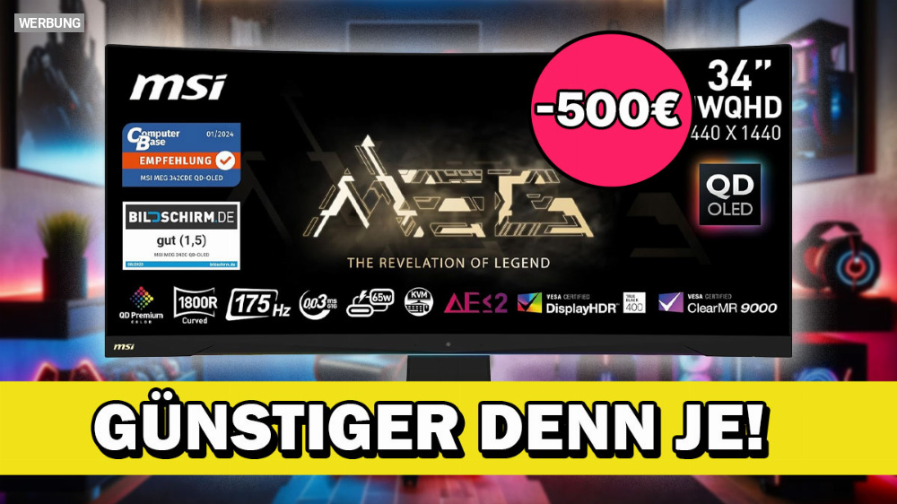Kurzzeitig mit 500€ Rabatt: MSI QD-OLED Curved Gaming-Monitor mit 34 Zoll, 175Hz, UWQHD und 0,03 ms Reaktionszeit - nirgends günstiger