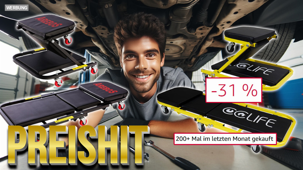 Das Must-have gegen Rückenschmerzen für die Werkstatt endlich wieder lieferbar: Unter 32 Euro für die 2-in-1-Werkstattliege