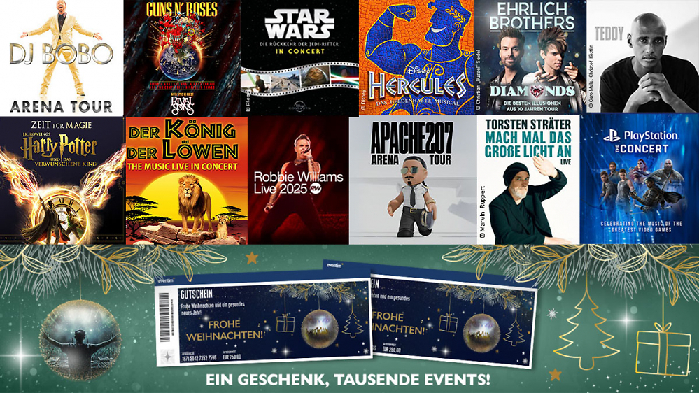Last Minute Weihnachtsgeschenk gesucht? Wie wäre es mit einem Konzert-Ticket oder Eventim-Gutschein? Jetzt 15% sparen