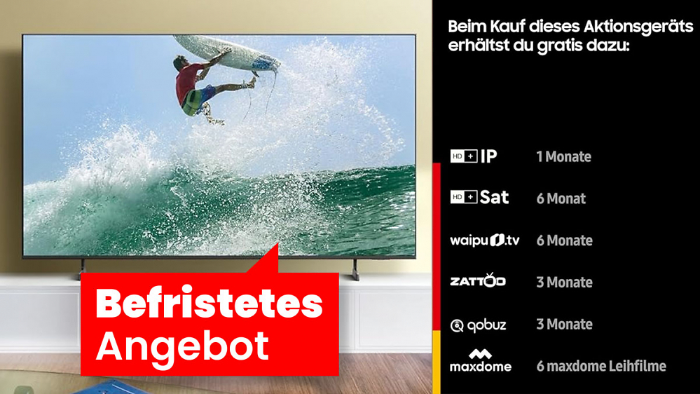 Deal: Amazon hat Spendierhosen an: 55-Zoll-Fernseher (2024) von Samsung dank Rabatt unter 450€ - Waipu TV & HD+ gibt's gratis dazu