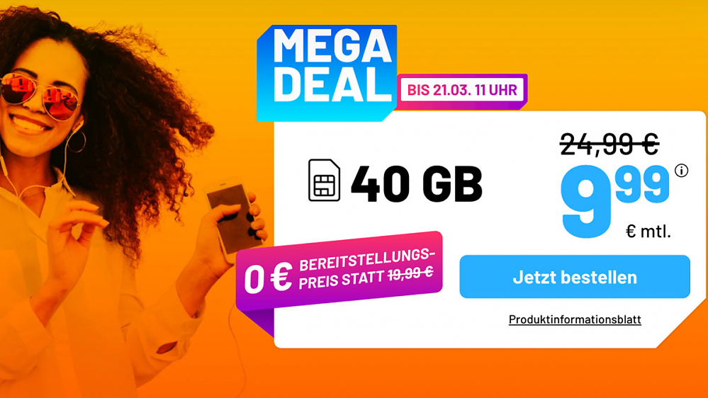Nur kurz: 40 GB Allnet-Flat im 5G-Netz - Mobilfunktarif statt 24,99€ nur 9,99€ (Deal)