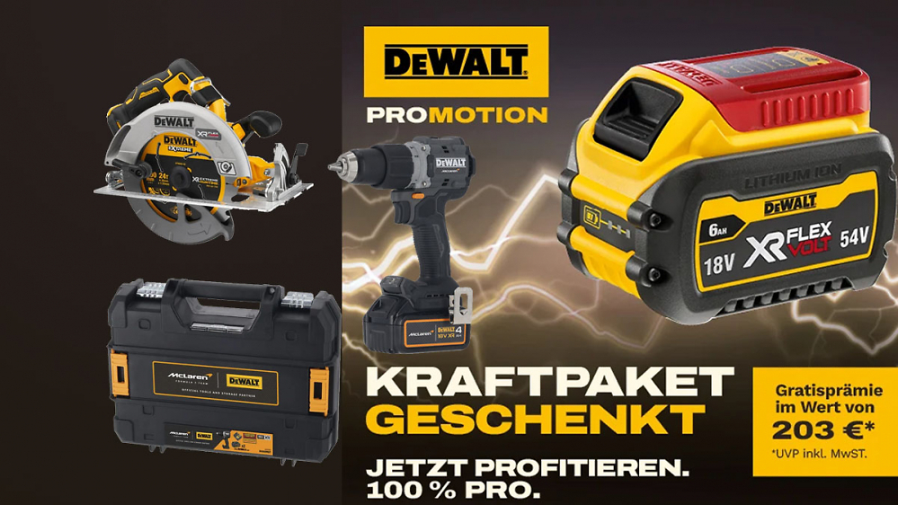 DeWalt: Profi-Werkzeug mit Rabatt bestellen - Gratisprämie im Wert von 203€ abstauben