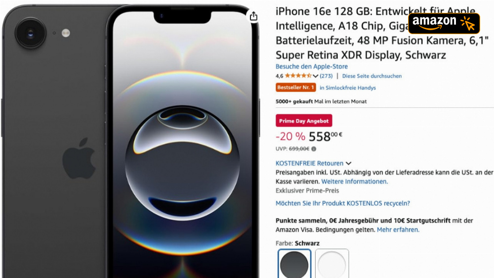 Nur noch heute: iPhone 16e für 558€ - exklusiv für Amazon-Prime-Mitglieder