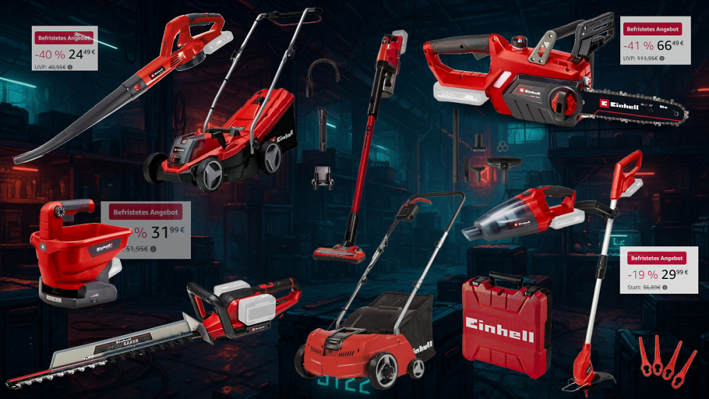 Amazon verhaut Einhell: 18V Laubbläser für 25 €, Kettensäge für 67, Streuer für 32, Heckenschere, Rasentrimmer uvm.