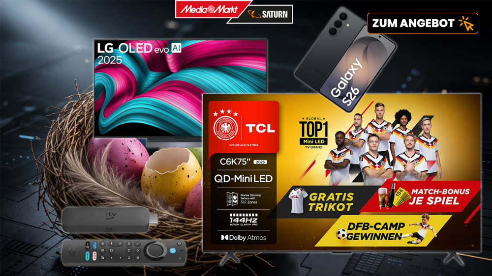 Oster-Angebote bei MediaMarkt: Fire TV, LG OLED TV im Preisrutsch, Mini-LED-TV mit Gratis-DFB-Trikot