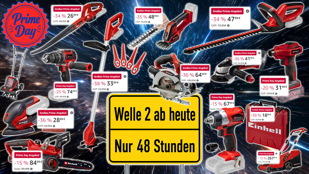Welle 2 mit neuen Prime Day Deals: Einhell Trimmer für 34 €, Heckenschere 48, Multischleifer 29, Akkuschrauber, Koffer uvm.