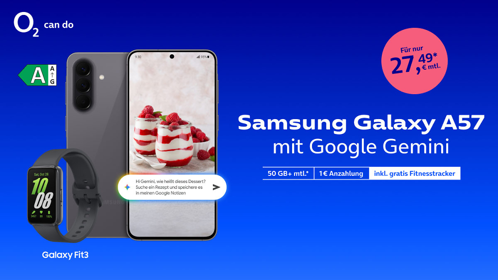 o2-Deal: Samsung Galaxy A57 mit 50 GB nur 27,49 Euro monatlich - Fitnesstracker dazu
