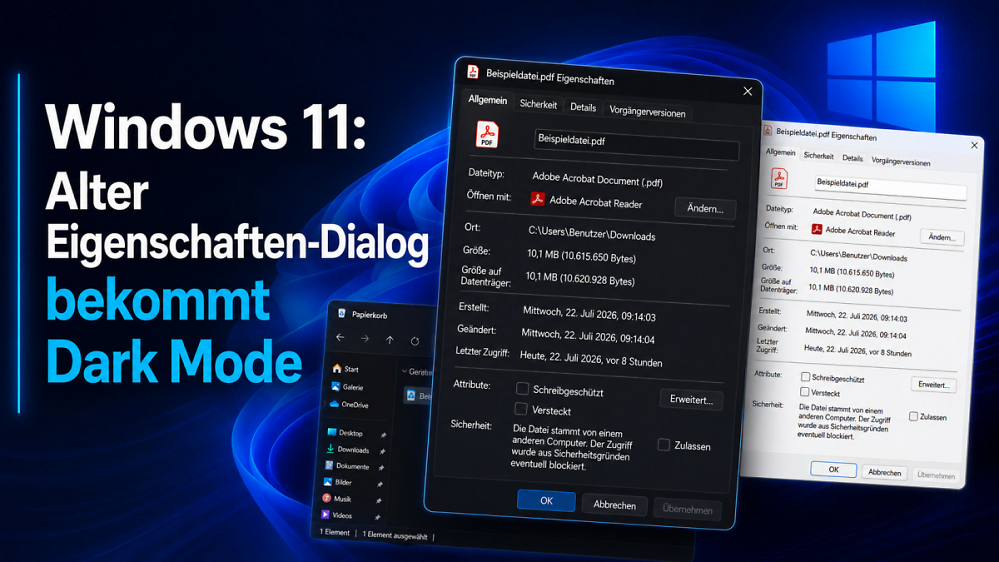 Windows 11: Alter Eigenschaften-Dialog zeigt sich erstmals im Dark Mode