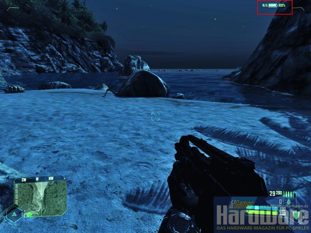 Crysis: Starten Sie Crysis auf Ihrem Notebook, haben Sie stets eine Batterieanzeige im Bild, egal ob das Laptop ans Stromnetz angeschlossen ist oder nicht. (Bild: PCGH)