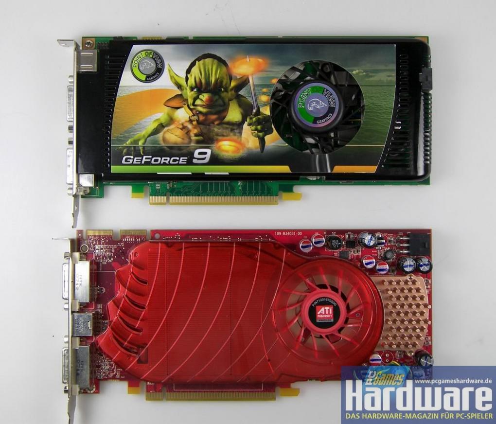 Geforce 9600 GT Review:
Die 9600-GT-Karte ist mit 228 Millimetern marginal kürzer als das PCB der HD3850 (Bild: PCGH)